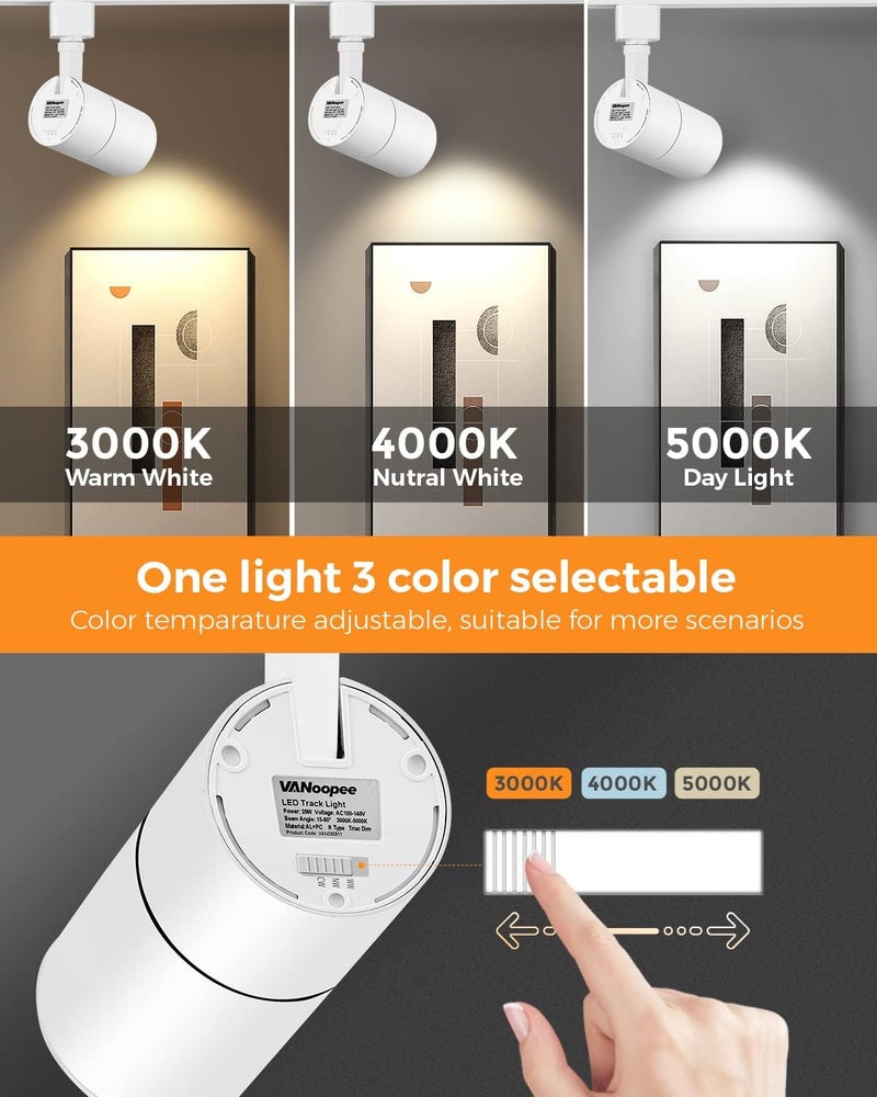 VANoopee 3-Color Zoomable 30W LED Track Lighting Heads H Type Track Light Heads Dimmable Bright Ceiling Spotlight Fixtures for Shop, 3000K 4000K 5000K Adjustable, CRI90+ 15°-60° 3000lm White 4 Pack - Image 3